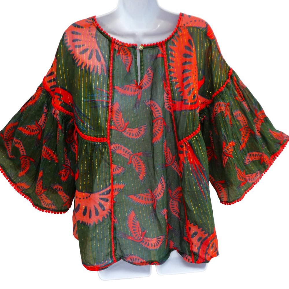 Rachel Zoe Metallic Kimono Blouse Flying Bird Print Boho Peasant Green Red Gold - Picture 2 of 9